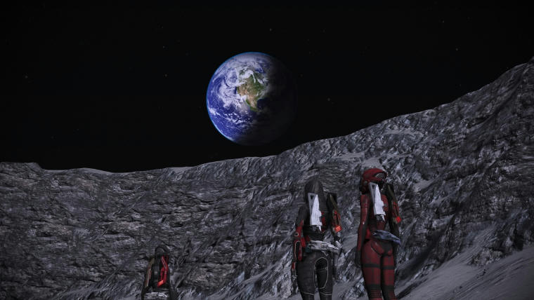 Shepard and her companions looking at the Earth from the surface of the Moon