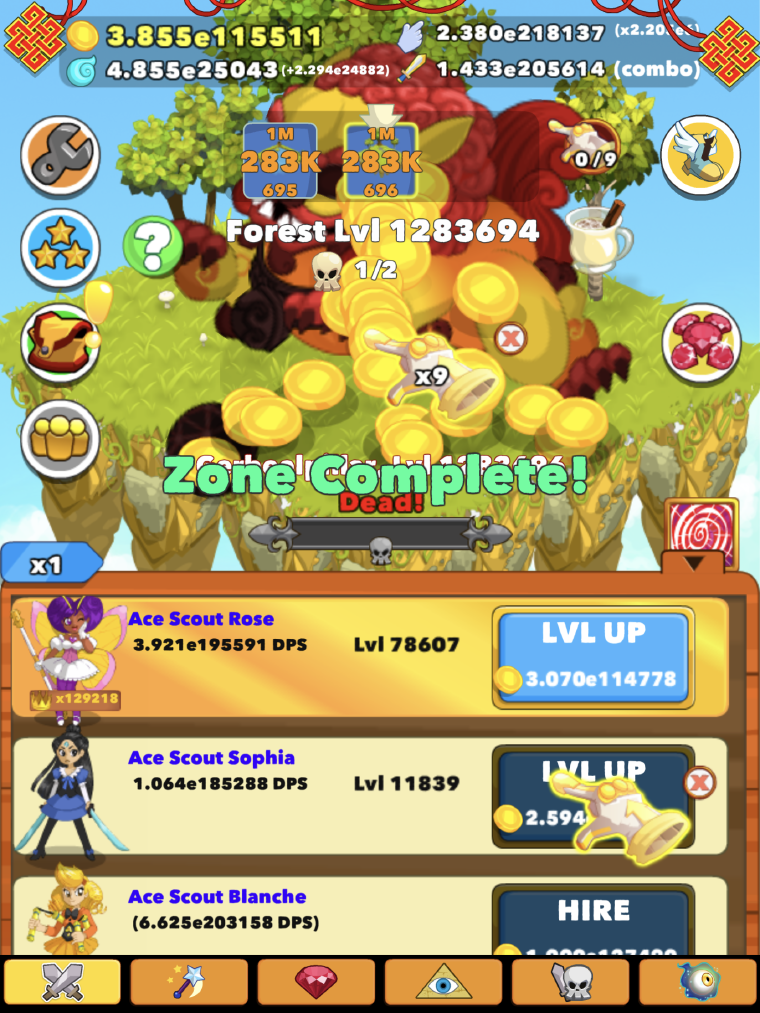 Screenshot of the level 1 283 696 with a finger tapping at a monster and yellow coins flying everywhere.