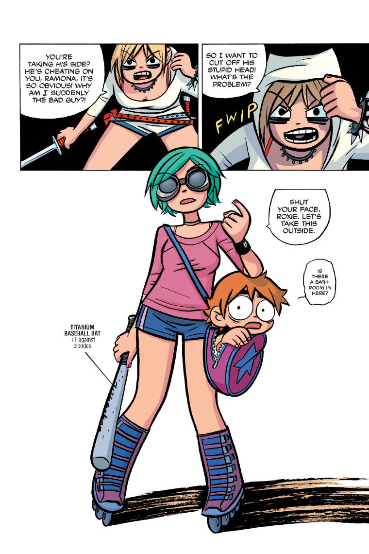 Green-haired Ramona Flowers holding a baseball bat labelled: "`+1 against blondes`"