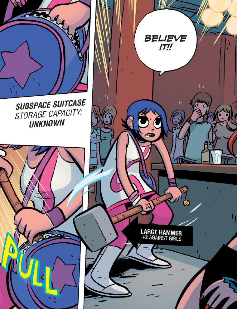 Blue-haired Ramona Flowers holding a hammer with a label: "`+2 against girls`"