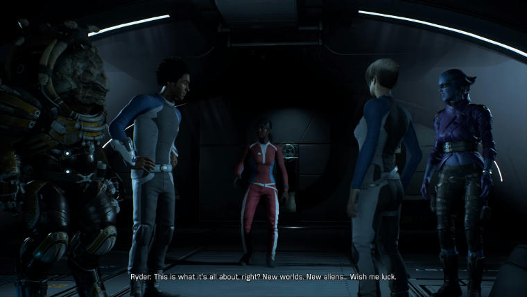 Ryder talking to the crew before making first contact with the Angara