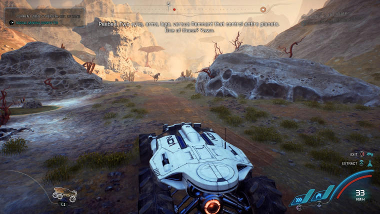 Driving around a planet with a dinosaur-like creature in the background
