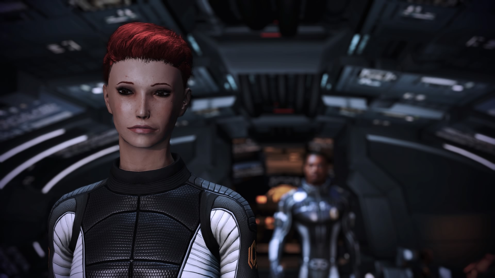Screenshot depicting female Shepard with Jacob Taylor in the background