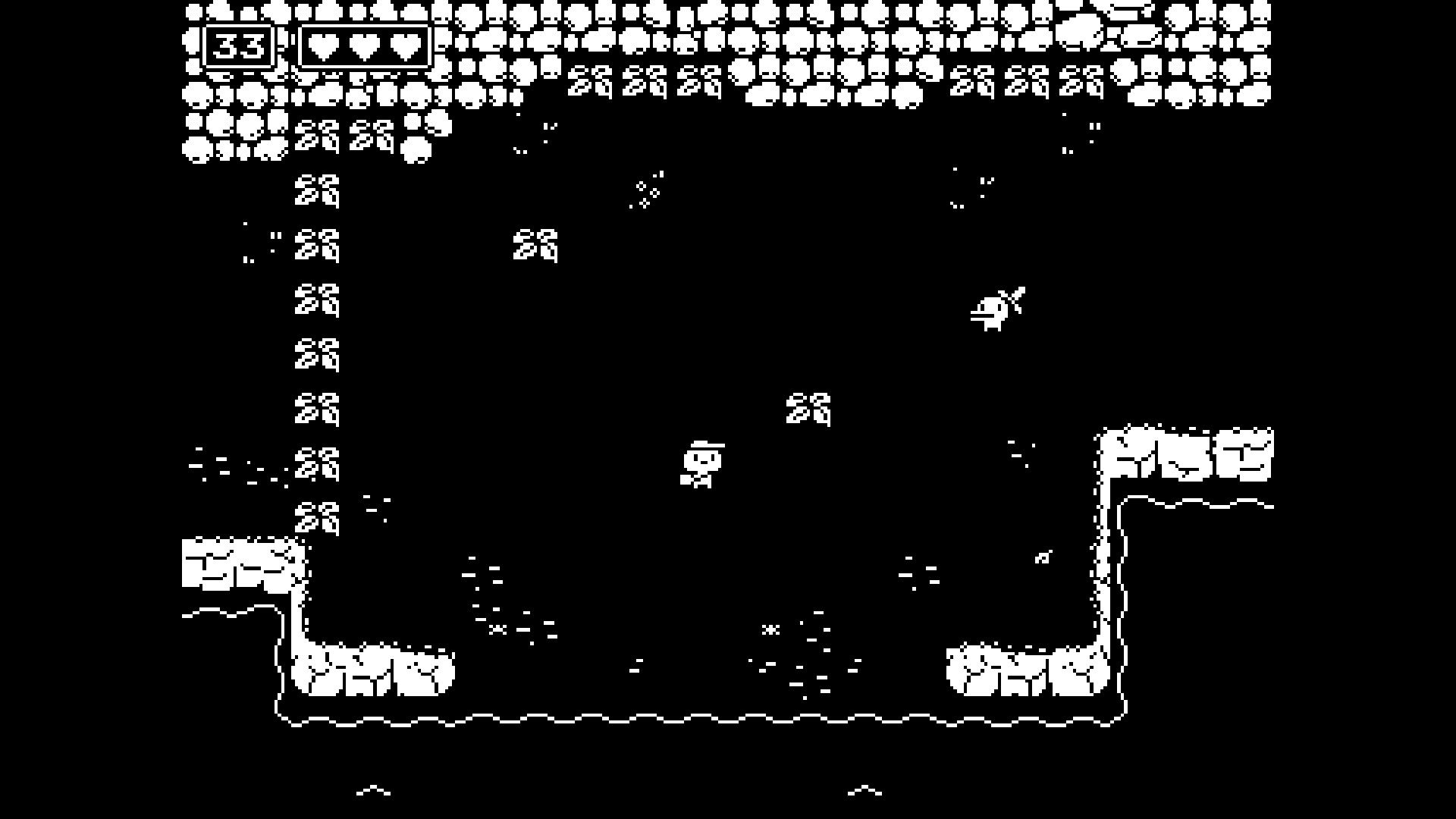 Black and white screenshot depicting a river bank, the protagonist with a sword and a mail delivery person.