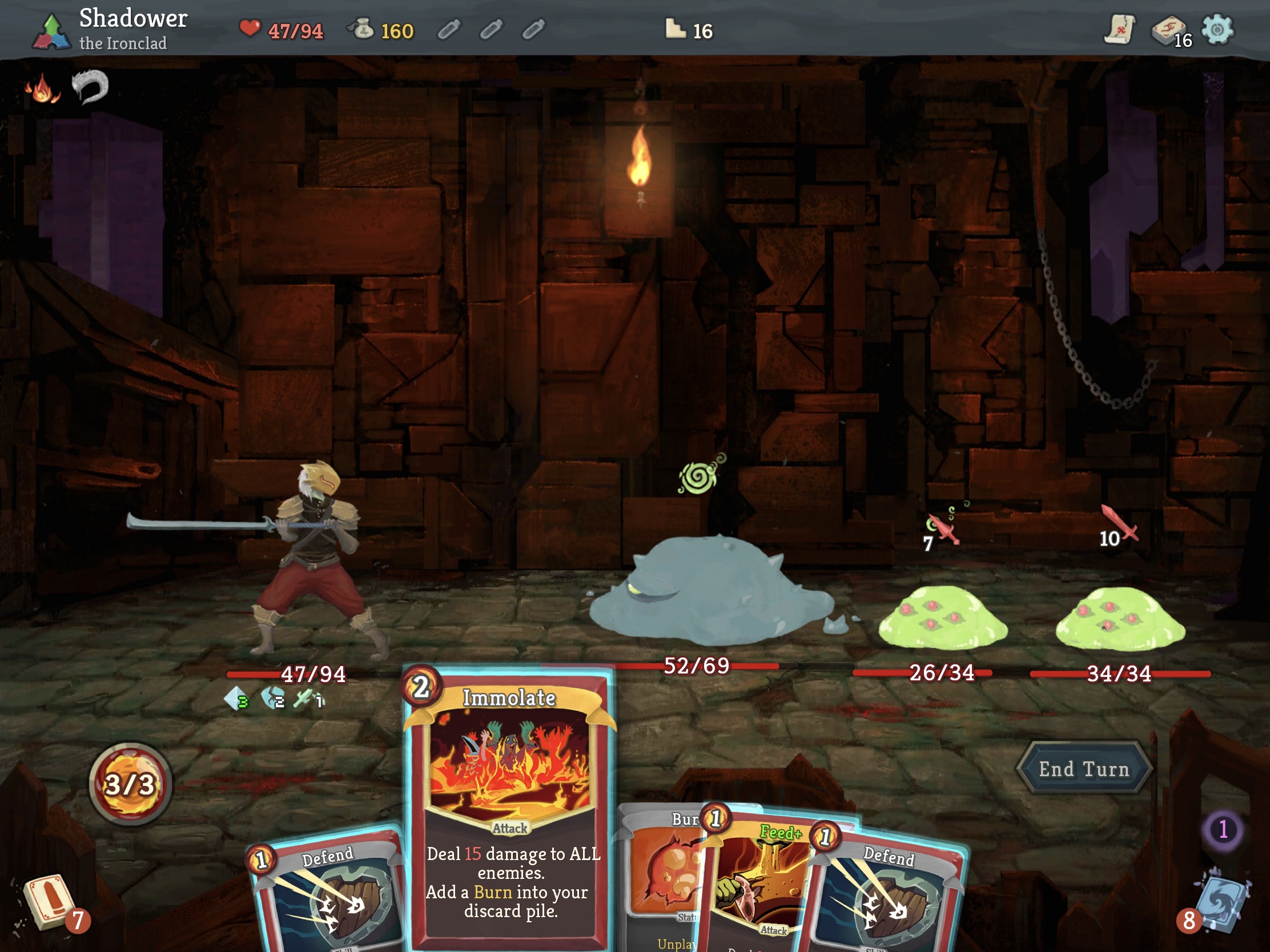 A warrior facing three blob monsters. A hand of five cards is visible, with the Immolate one being selected.