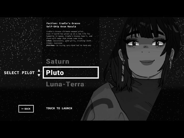 Pilot selection screen. A smiling woman called Pluto is selected with a brief description of her drive and personality.