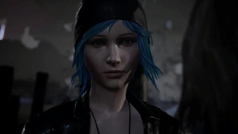 A young woman with blue hair and a beenie cap faces another women in a dark and rainy setting.