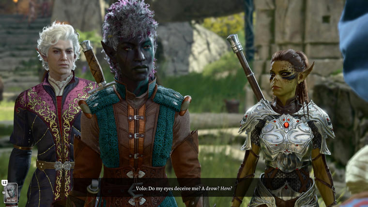 A scene with three characters in it: a drow (dark elf) woman (my protagonist), a white-haired male wizard and a githianki female fighter. They're being addressed by someone called Volo who's saying: "Do my eyes deceive me? A drow? Here?"