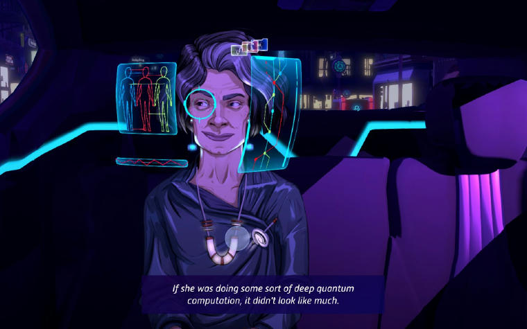 Woman is sitting at the back seat of a taxi. There are several futuristic screen-like images floating around her head. At the bottom is a thought bubble where the protagonist says: "If she was doing some sort of deep quantum computation, it didn't look like much."