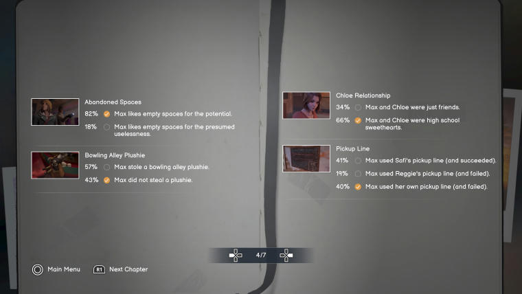 Four choices here. The first choice: Abandoned Spaces. 82%: Max likes empty spaces for the potential (my pick). 18%: Max likes empty spaces for the presumed uselessness. The second choice: Bowling Alley Plushie. 57%: Max stole a bowling alley plushie. 43%: Max did not steal a plushie (my pick). The third choice: Chloe Relationship: 34%: Max and Chloe were just friends. 66%: Max and Chloe were high school sweethearts (my pick). The fourth choice: Pickup Line. 41%: Max used Safi's pickup line (and succeeded). 19%: Max used Reggie's pickup line (and failed). 40%: Max used her own pickup line (and failed) (my pick)
