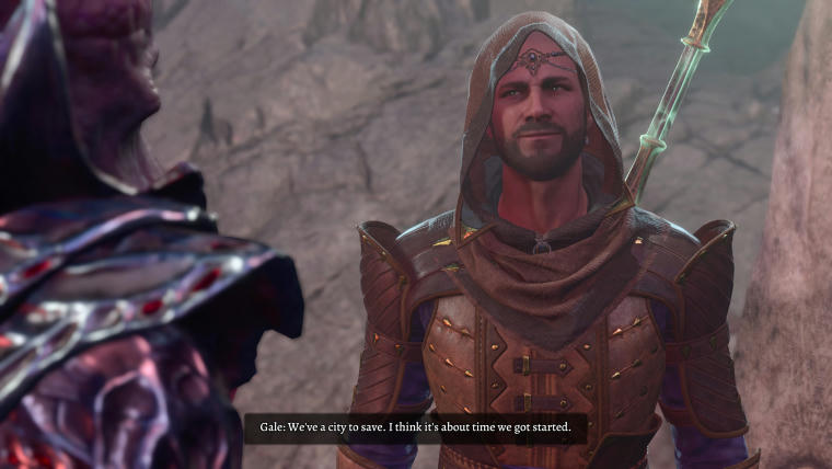 Two characters are facing each other and talking. The one with their back to the camera is out of focus. The other one is a human with a pinkish skin tone, wearing a leathery armour, cape that's not hiding his face, fuzzy beard and has a glowing staff peeking out of his back. He's got this half joking, but actually being serious for once expression. The subtitles say: "Gale: We've a city to save. I think it's about time we got started."