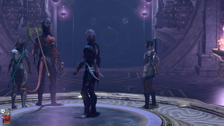 Four fantasy (humanoid but not human) characters stand in a large  dark room lit by small lanterns with open fire. This is deep inside a dungeon and they're looking at a large metallic door.