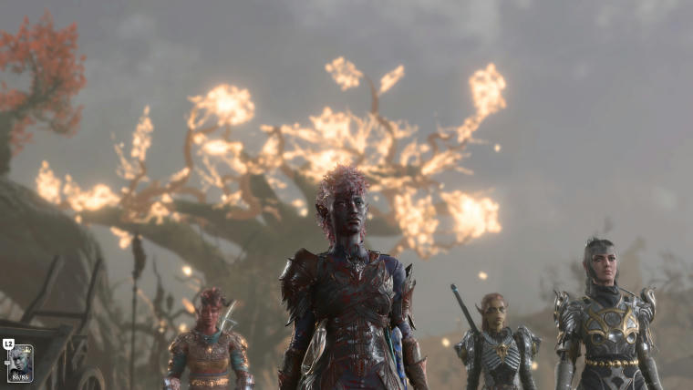 The same four humanoid characters facing the camera and looking far in the distance. In the background is a brown field that's been desolated by an army encampment and a large thick tree with what looks like leaves producing bright orange light... or being on fire.