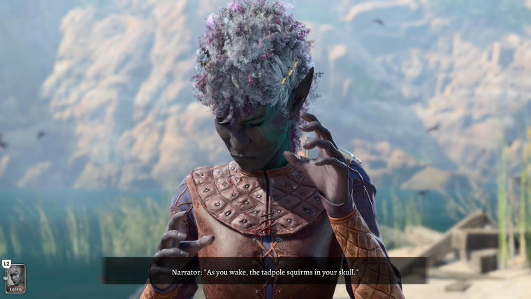 A black woman with short curly ashen hair and purple highlights, dressed in leather armour has her eyes closed and hands raised as if experiencing a terrible headache. The caption says: "Narrator: As you wake, the tadpole squirms in your skull."