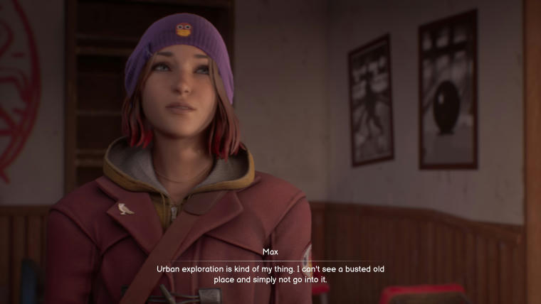 A white woman with shoulder-length brown hair with red tips, wearing a purple winter hat and coat with a hoodie underneath. She looks dreamy. Subtitles say: "Max: Urban exploration is kind of my thing. I can't see a busted old place and simply not go into it."