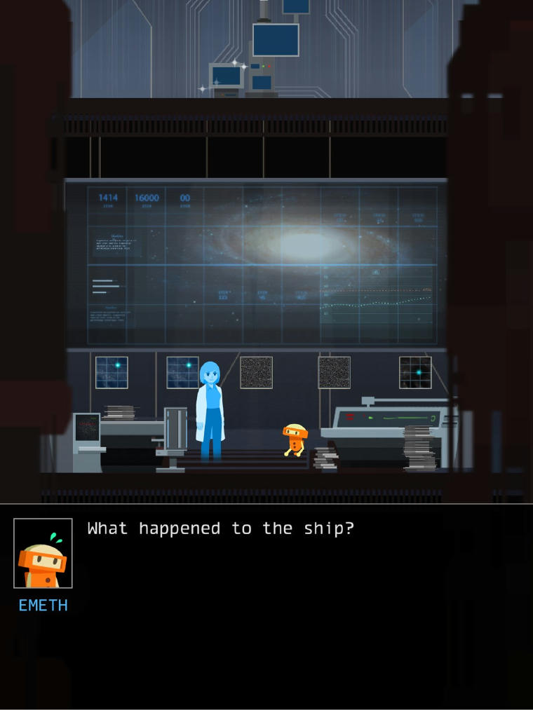 A sci-fi science station with a huge display showing the galaxy and multiple smaller displays and work stations. Two characters are standing in the room, one is a semi translucent woman all in blue (a hologram) with a white lab coat and a small levitating robot called Emeth. Emeth is asking: "What happened to the ship?"