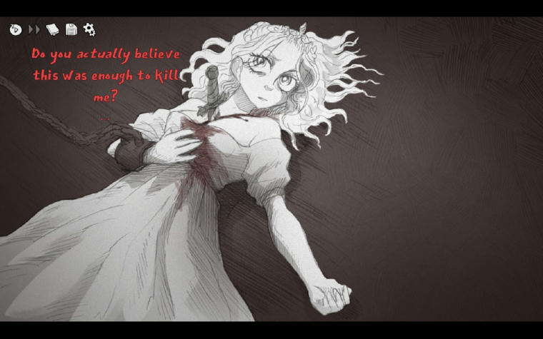 A princess (woman with a crown, long hair, long dress) lying on the floor. Her right hand is chained and touching her chest where a dagger is buried. She's saying: "Do you actually believe this was enough to kill me?"