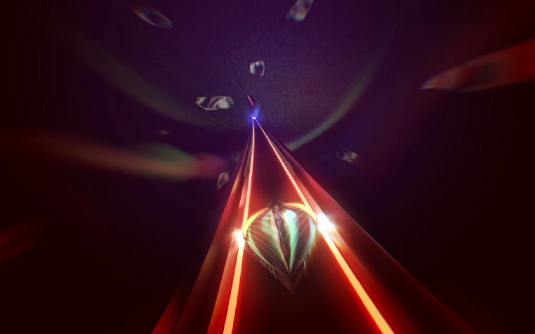 A neon-lit rail is extending to a seemingly infinite distance. There is a metallic beetle on the rail, lit by the light, sparks flying where it touches the railing on both sides.