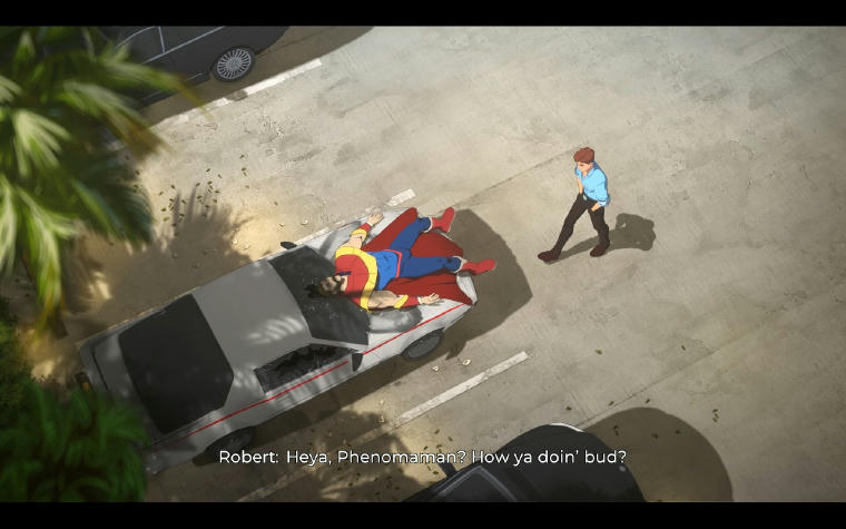 A large broad-shouldered muscly man looking like a brand-safe version of Superman is lying on his back on the hood of a car, the windshield broken next to his head. As if he fell there. Another man wearing a blue shirt looking like a store manager is walking towards him, hands in pockets. He's saying: "Heya, Phenomaman? How ya doin' bud?