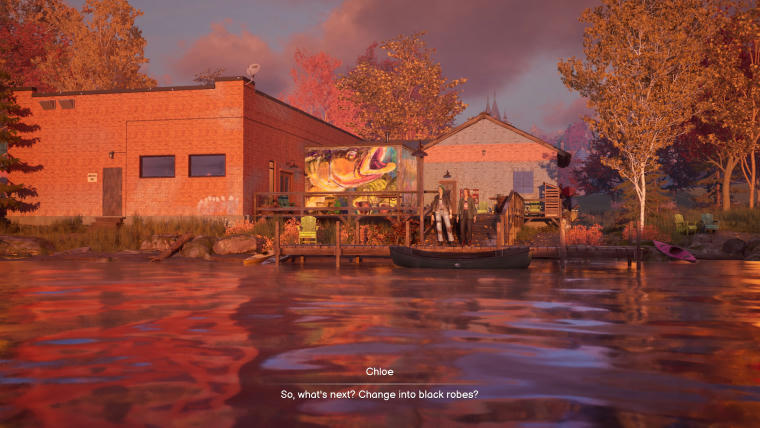A look at a pier from the water surface. It's a dusk, Autumn mood. In the distance two women stand side by side. The subtitles read: "Chloe: So, what's next? Change into black robes?"