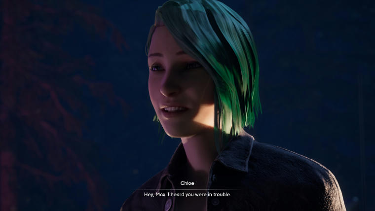 Young woman with shoulder-length green hair called Chloe is saying: "Hey, Max. I heard you were in trouble."